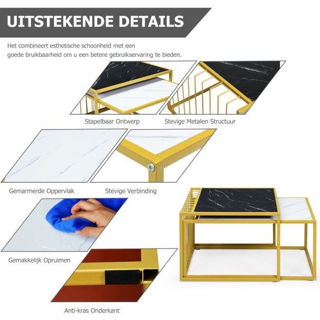 Coast 2er-Set Couchtisch - gold/weiß/schwarz - P2 - MDF - Eisen - Max.50 kg - 80x53x38,5 cm
