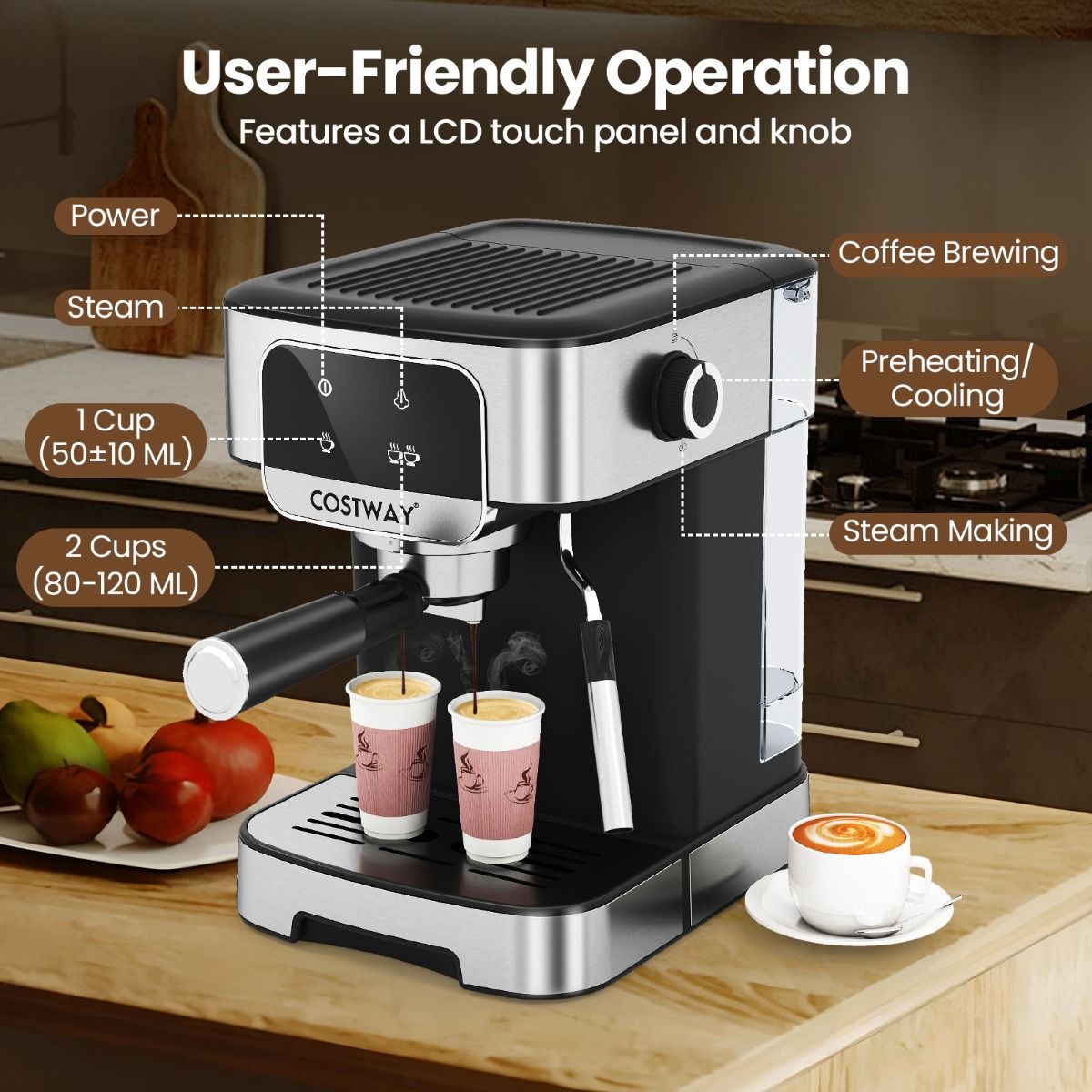 Coast Espressomaschine 20 bar 1200 W – Dampf-Milchaufschäumer – 1,8 l Wassertank – Touchscreen – Schwarz/Silber – 26 × 21 × 28 cm