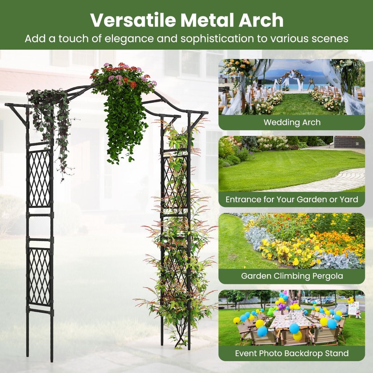 Coast Rosenbogen aus Metall – Klettergerüst für Gartenpflanzen – Torbogen – schwarz – 170 x 39 x 210 cm