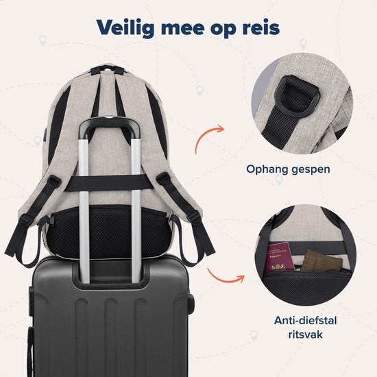 TRVLMORE Rucksack mit Lifetime - Rucksack mit 15.6 Zoll Laptopfach - Schultasche - Spritzwassergeschützt - Männer und Frauen - Jungen und Mädchen - 28L - Champagner