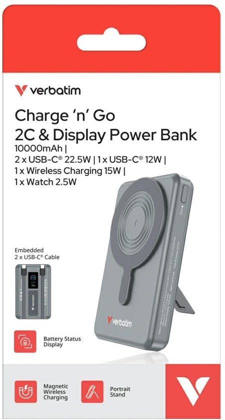 Verbatim Powerbank 10.000 mAh „Charge N Go“ mit magnetischem Ständer, kabellosem Laden und TFT-Display