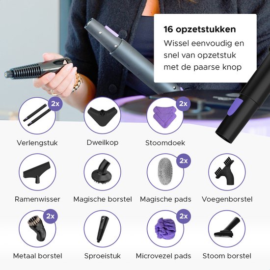 Motionflow Dampfreiniger PRO - Tiefenreinigung mit Heizfunktion - 1500W 1,5L Wassertank - Handdampfreiniger zur Tiefenreinigung von Boden, Sofa, Bad und Teppich - Teppichreiniger & Fleckenreiniger - Sitzreiniger - Schwarz