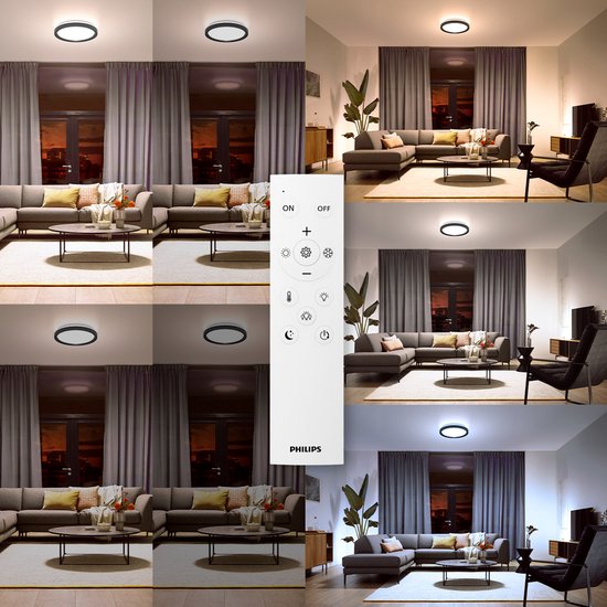 Philips All-in-One-Deckenleuchte – 2er-Pack – mit Fernbedienung – 24 W – LED-Beleuchtung – warmweißes bis kaltweißes Licht; 2700 K bis 6500 K – 30 cm – schwarz – rund