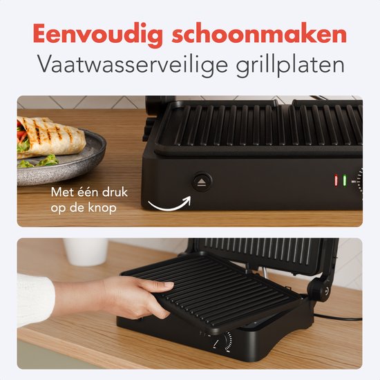 KitchenBrothers Kontaktgrill - Grillgerät - Abnehmbare Grillplatten - Panini Grill - 3 Höheneinstellungen - Toasti Eisen - 2000W - Schwarz