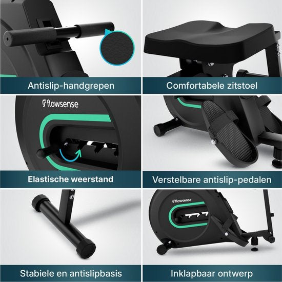 Flowsense Elvora Lite Rudergerät - Zusammenklappbares Rudergerät - Elastischer Widerstand - LCD-Display - Leise & Kompakt - Für Benutzer bis zu 200 cm / 115 kg - Home Fitness Rudergerät