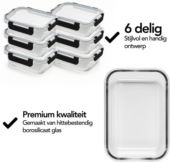 Aviro Frischhaltebehälter aus Glas – 6 Stück – Behälter für die Essensvorbereitung – gefrier-, mikrowellen- und ofenfest – BPA-frei – luftdicht – 1 l