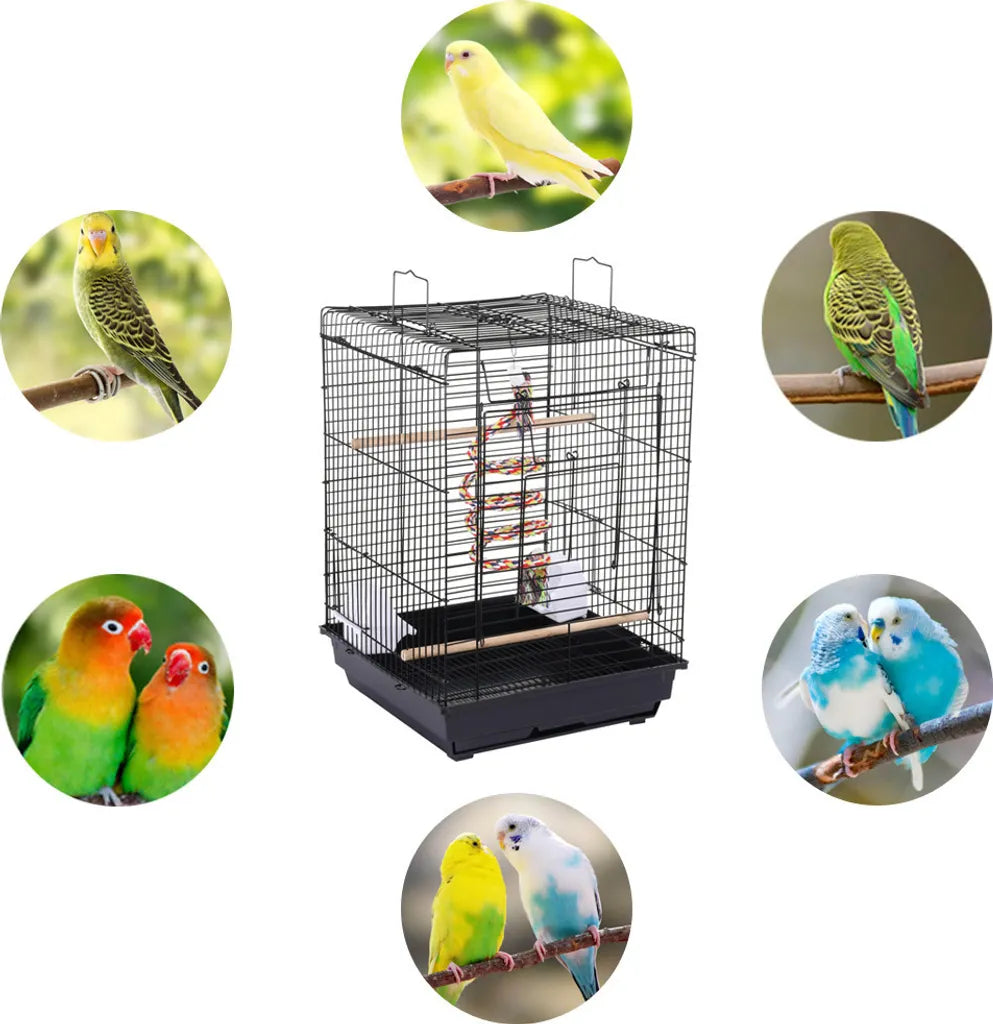 Yaheetech Vogelkäfig mit Spielzeug und aufklappbarem Dach – Schwarz – 40 x 40 x 58 cm