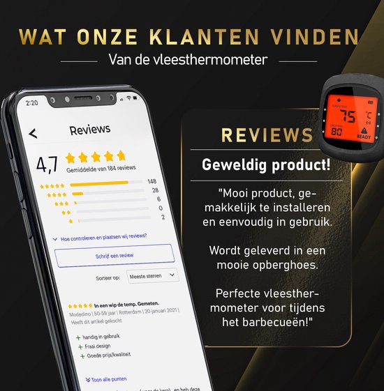 MostEssential - PRO-3 Digitales Fleischthermometer - Kabellos mit App - 100M Reichweite - inkl. 3 Messfühler - Schwarz