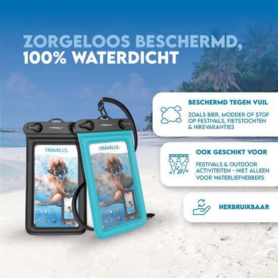 Travelly® Wasserdichte Handytasche 2er-Set - Universelle Unterwassertasche für Smartphone - Geeignet für alle Handys - Drybag - Für Urlaub, Schwimmen & Wassersport - Schwarz/Blau