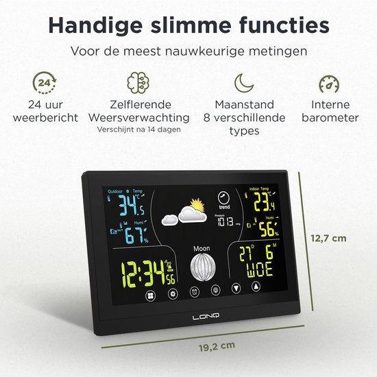 LONQ Innen- und Außenwetterstation Q3 - inkl. Batterien - Funkwetterstation mit Außensensor - Thermometer Hygrometer - Touchscreen Farbdisplay - DCF-gesteuerte Uhr