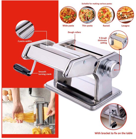 alpina Nudelmaschine, manuell – Edelstahl – Tischklemme – Spaghetti, Ravioli, Lasagne