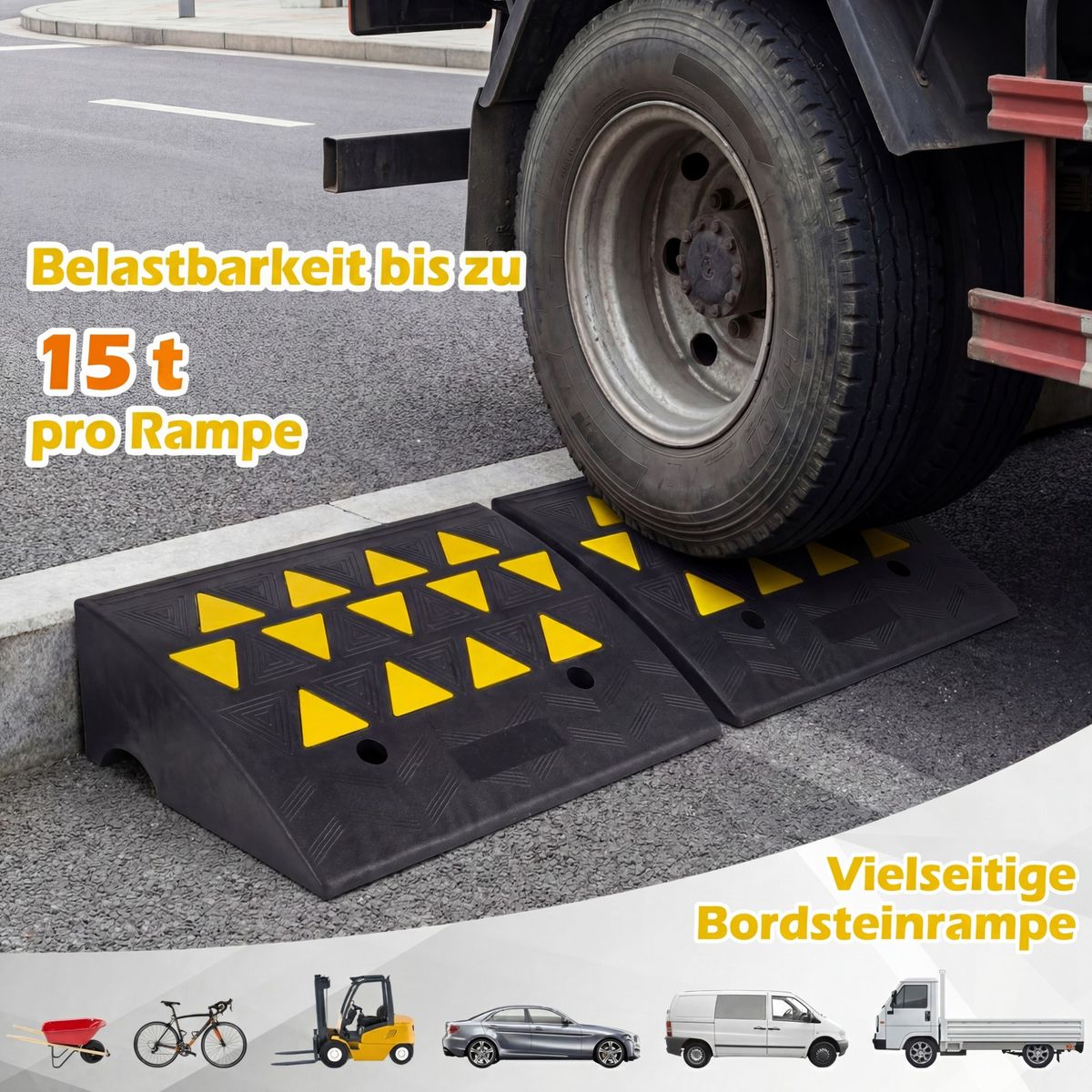 Coast Bordsteinüberfahrhilfe – 15 Tonnen Tragkraft – rutschfester Gummi – schwarz/gelb – 49 x 37 x 16 cm