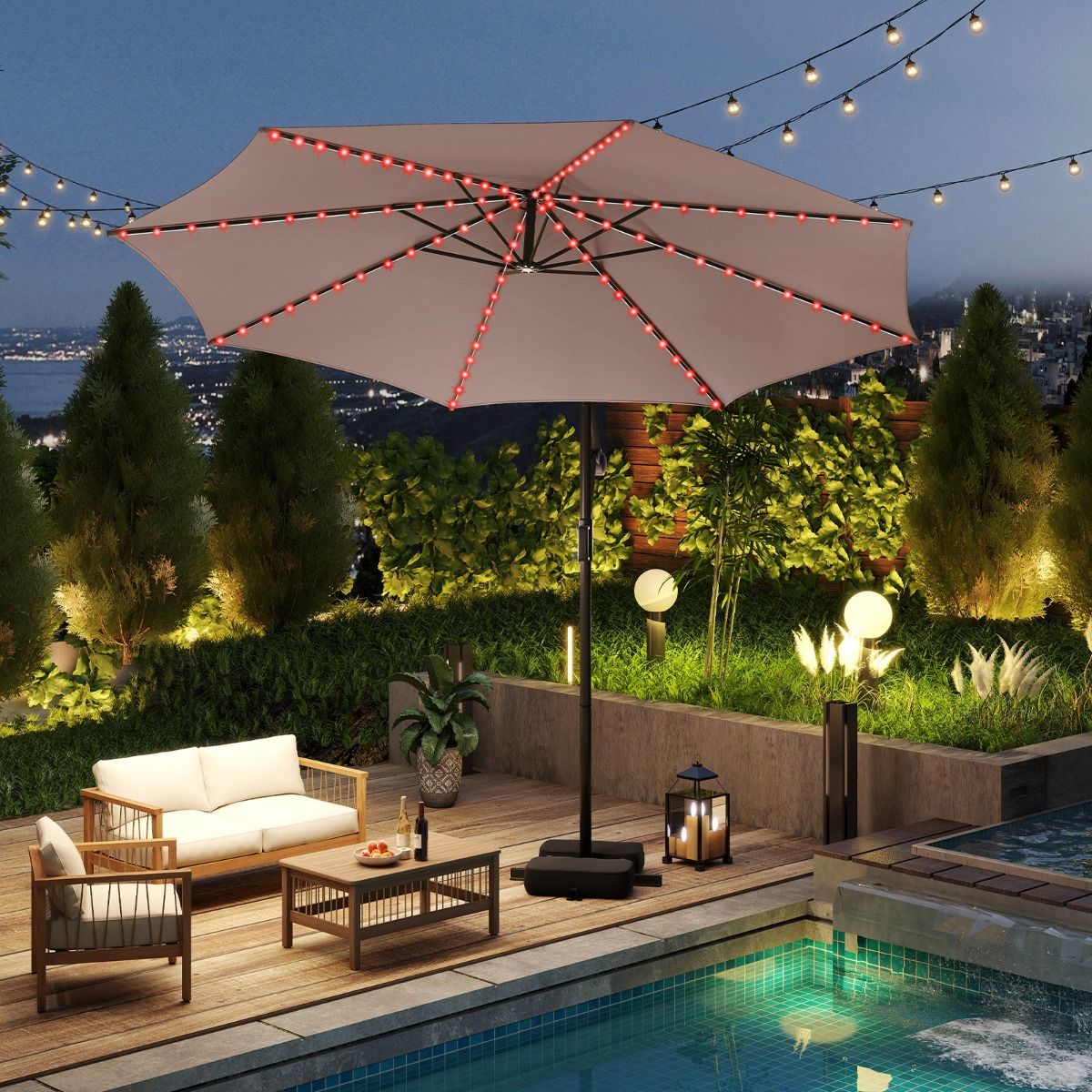 Coast Schwebeparasol mit LED-Beleuchtung – 9 Leuchtmodi – mit Sandsäcken und Pendel – braun – 300 x 260 cm