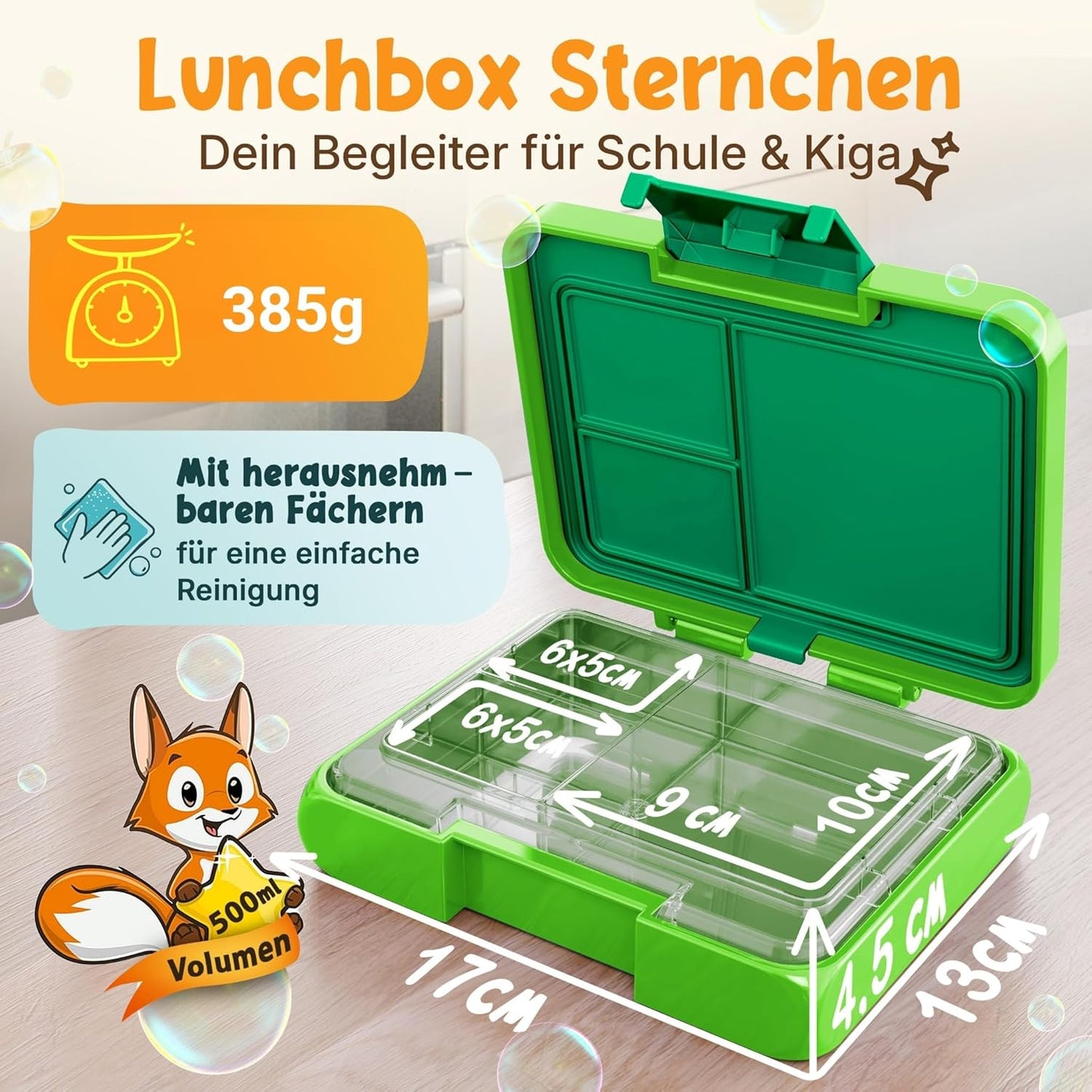 Funkelfuchs® - Lunchbox Kinder mit Fächern - 500ml, grün - Lunchbox Stern, klein - Brotzeitbox, Snackbox, Lunchbox, Brotzeitbox, bento box kids - für Schule, Kindergarten und Krippe