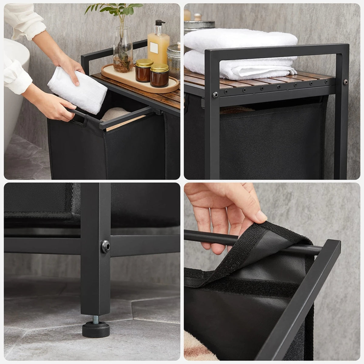JOYFURNOS Wäschekorb mit 2 Fächern – 2 x 46 Liter – 73 x 33 x 72 cm – Vintage-Braun-Schwarz
