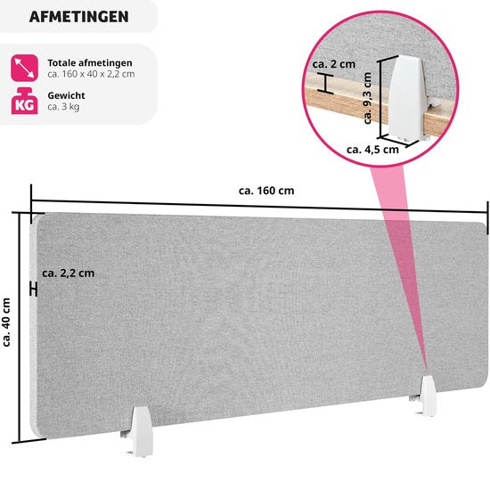 tectake Schreibtisch-Trennwand Noisy - Mit schallabsorbierendem PET-Kern - Inklusive 2 Befestigungsclips - Größe (LxB) 160 x 40 cm - Grau