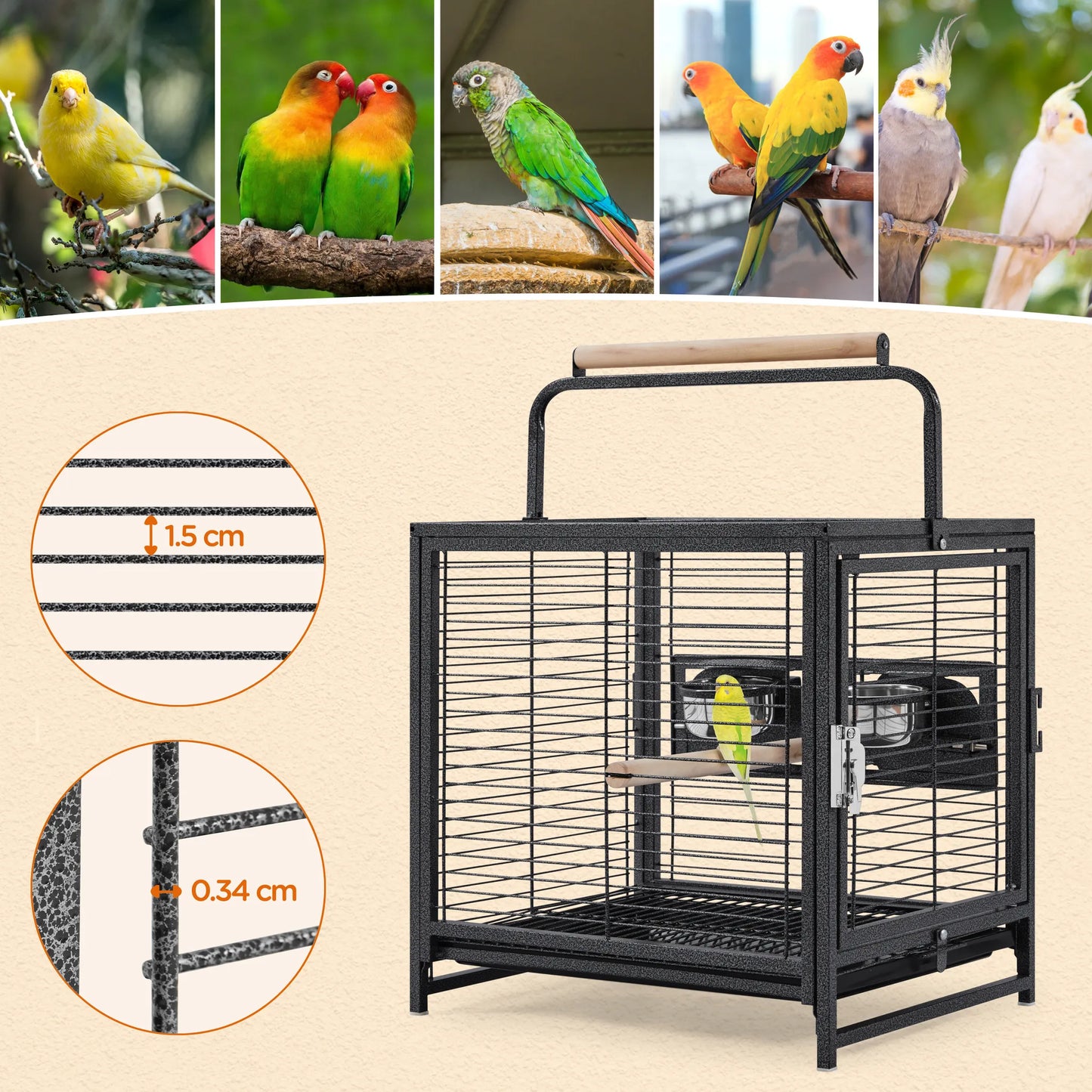 Yaheetech Vogelkäfig mit Griff - mit hölzernen Sitzstangen und wasserabweisende Beschichtung und abschließbare Tür - für Kanarienvögel und Wellensittiche - schwarz Metall Kunststoff und Holz - 48,5 x 39 x 65 cm
