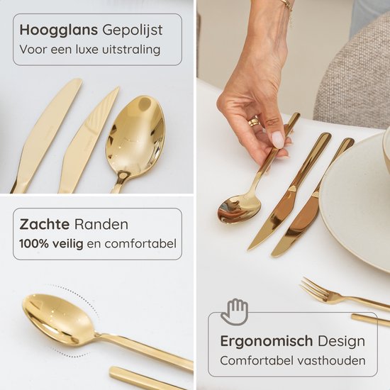 Deleca 6 Personen Luxus-Edelstahl-Besteck-Set Amor (36 Teile) - Löffel, Messer, Gabeln, Steakmesser & Kuchengabeln - spülmaschinenfest - Gold-Design-Besteck - 18/0 Edelstahl