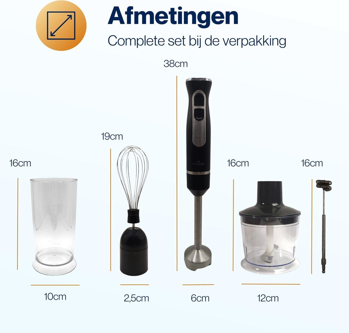 Ocina Stabmixer-Set - 5-in-1 Mixer mit Zerkleinerer - 800W - 600ML - Edelstahl/Schwarz