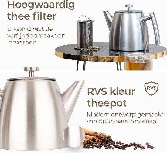 Vaja® Teekanne Camille Silber - Doppelwandig - 1 Liter - Edelstahl-Teekanne mit Filter & Stövchen
