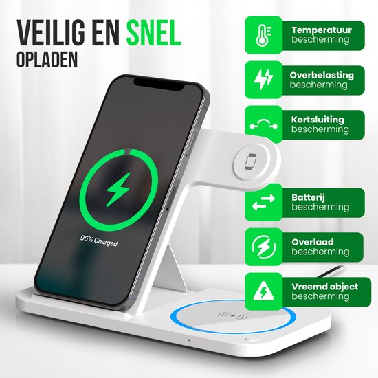 Strex 3-in-1 Wireless Charger - Ladestation - 15W Schnellladegerät - faltbar - geeignet für iOS & Android, Apple Watch, AirPods und Wireless Earphones - Weiß