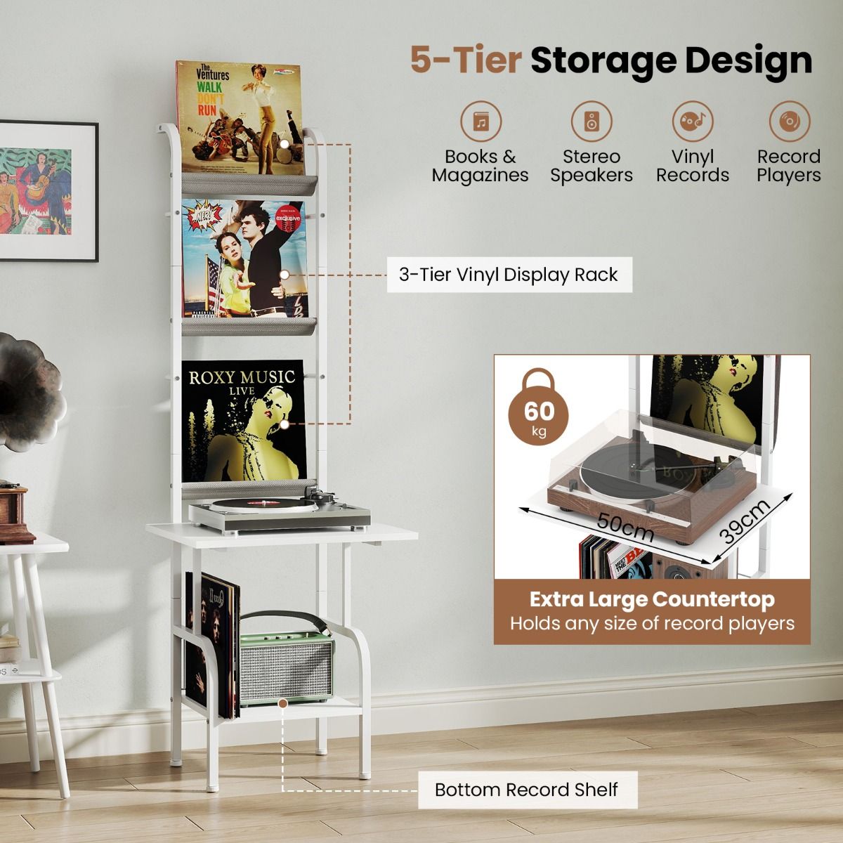Coast 5-stöckiger Plattenspieler-Ständer mit Vinyl-Ausstellungsregal - 50x51x145 cm - Weiß