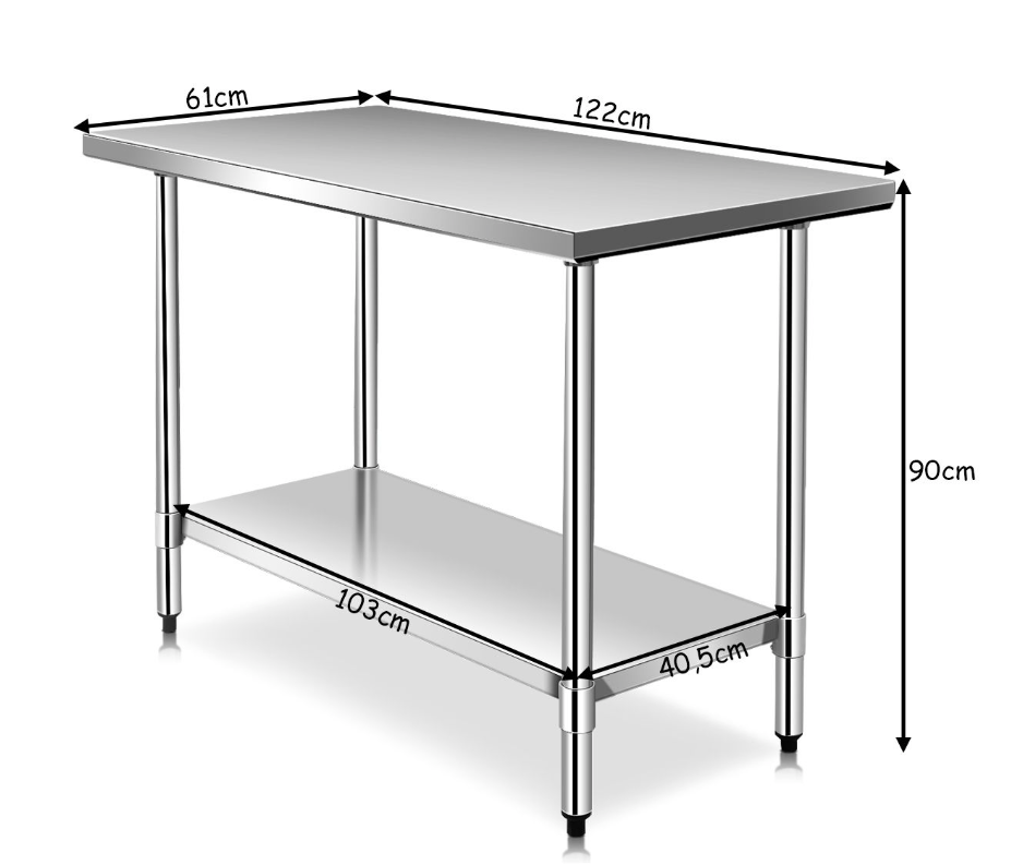Coast - Küchenarbeitstisch - Edelstahl, 2 Ebenen, 150 kg Tischplatte - 122 x 61 x 90 cm - Edelstahl/Verzinkt - Silber