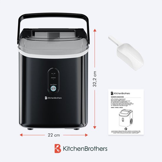 KitchenBrothers Nugget Eiswürfelbereiter - 1.1L - Crushed Ice Maker mit Eisportionierer - Tragbar - 15kg/24 Stunden - Schwarz