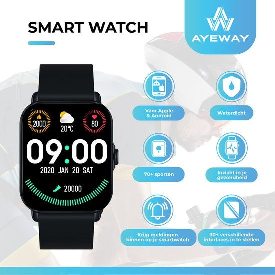 AyeWay Smartwatch - Wasserdicht & Touchscreen - 70 Sportmodi - Mit App - Smartwatch Männer & Frauen - Schwarz