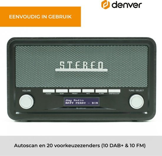 Denver DAB Radio - Modell 2023 - Retro-Radio - Bluetooth - DAB+/ FM - dimmbar - Batterien & Netz - DAB18 - Dunkelgrau