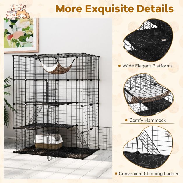 Geräumiger 4-stöckiger Katzenkäfig 143 cm hoch - Schwarzer Metalldrahtkäfig mit Hängematte, Regalen und Leitern für Katzen und kleine Haustiere