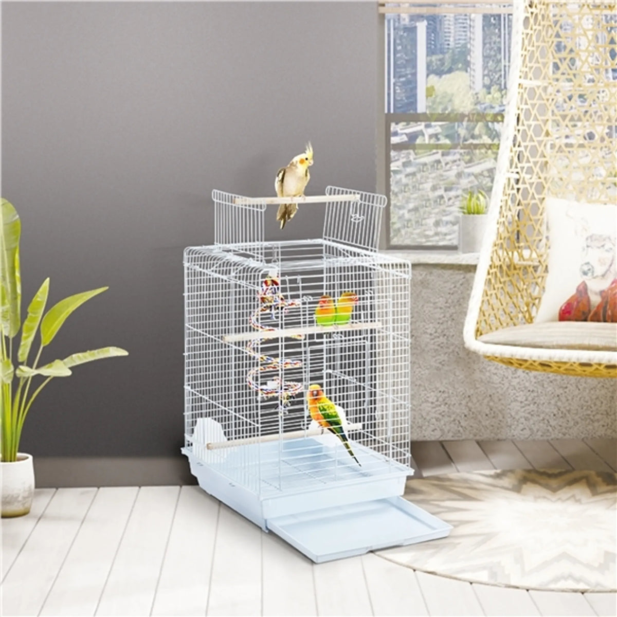 Yaheetech Vogelkäfig mit Spielzeug - 40 x 40 x 58 cm - Ausgestattet mit extra Öffnung an der Oberseite und ausziehbarem Tablett und 4 hölzernen Sitzstangen - Für Sittiche und Kanarienvögel - Schwarzes Metall und Holz