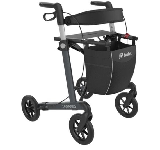 Mobilex Leopard – Leichter Rollator – Komfortreifen – Sitzhöhe 55 cm – Komfortreifen – Inklusive Tasche, Rückengurt und Stockhalter – Schwarz