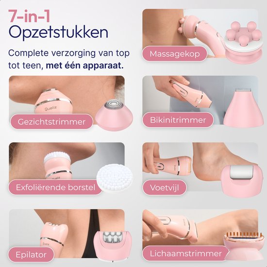 7-in-1-Ladyshaver – Epiliergerät für Damen – IPX 7 wasserdicht – Wiederaufladbar – Bikini-Trimmer – Intimrasierer für Damen – Ladyshaver für Frauen – Epilierer – Trimmer für Damen – Qualiz®