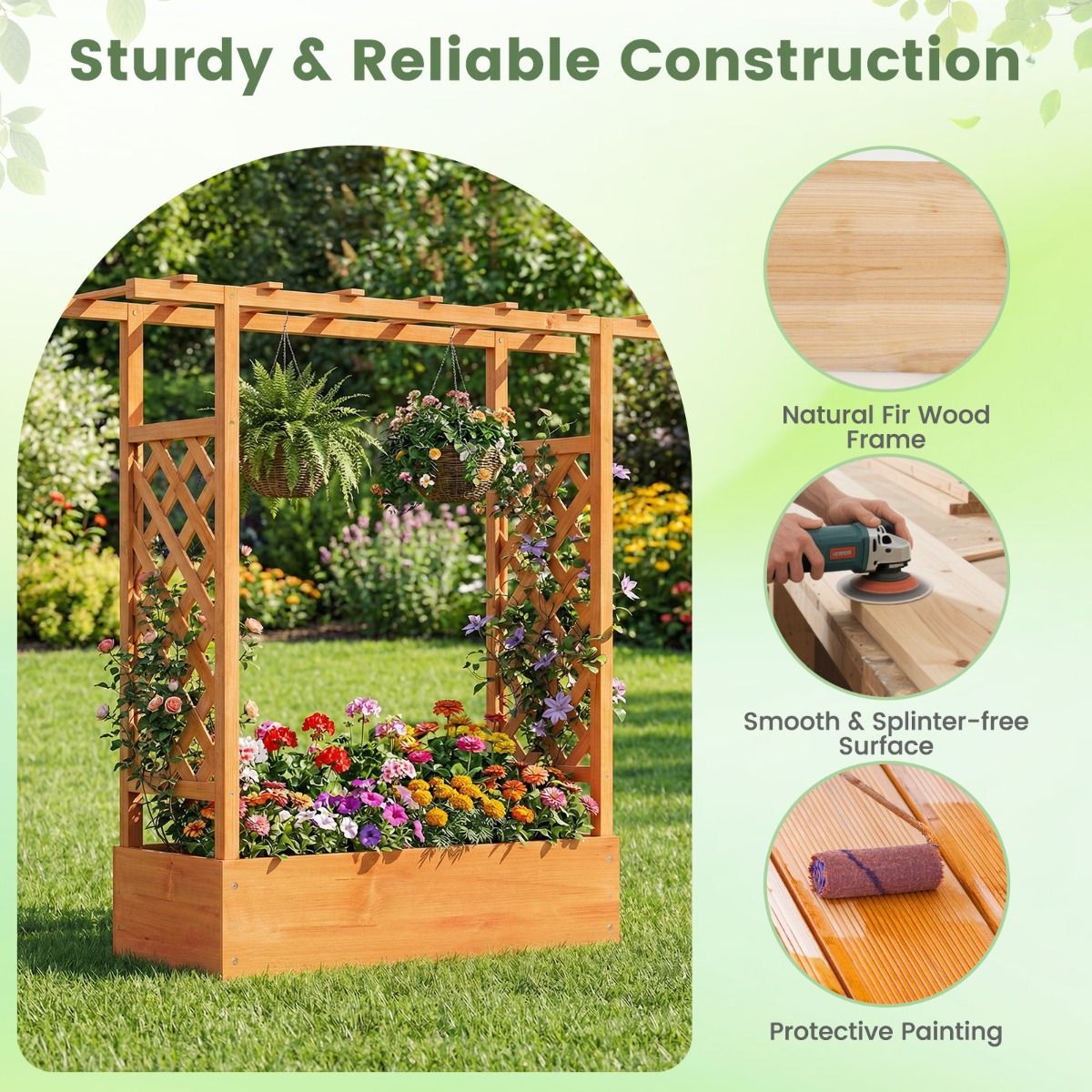 Coast Erhöhter Pflanzkübel aus Holz – Spalier und Überdachung – Abflusslöcher – Natur/Orange – 110 x 35 x 114 cm