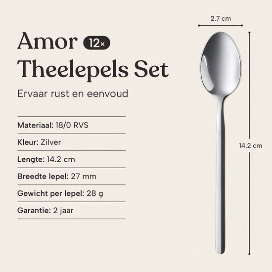 Deleca 12-teiliges Teelöffel-Set „Amor“ – Dessertlöffel / Kaffeelöffel – 14,2 cm – Edelstahl / Silber