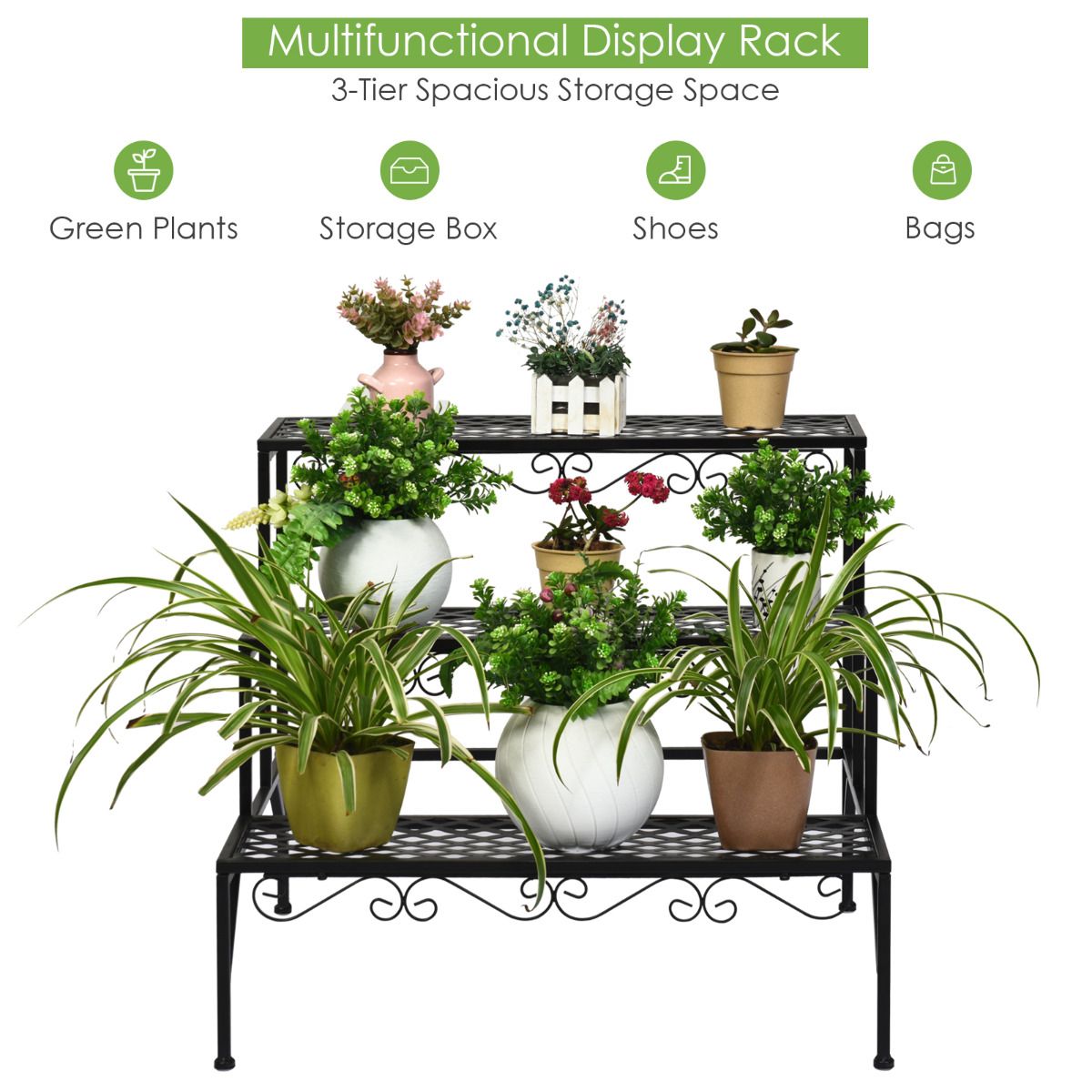 Coast Pflanzenregal mit drei Ebenen – Blumenständer aus Metall – Freistehende Pflanzenleiter – Schwarz – 70 x 60 x 60,5 cm