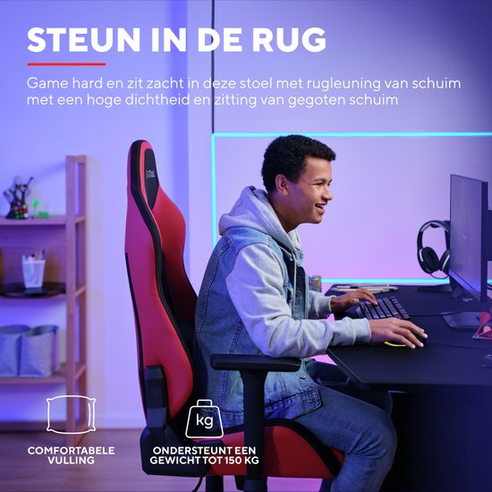 Trust GXT 714R Ruya – Ergonomischer Gaming-Stuhl – 3D-Armlehnen – Atmungsaktiver Stoff und PU-Leder – Bis zu 150 kg – Rot