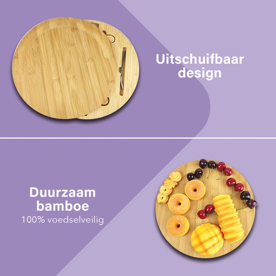 TidyHome® Trinkbrett - Käsebrett - Bambus - Holz - Ø 33cm - Tapasbrett rund - Käsebrett mit Messern - Komplett-Set mit 6 Käsemessern - Servierbrett