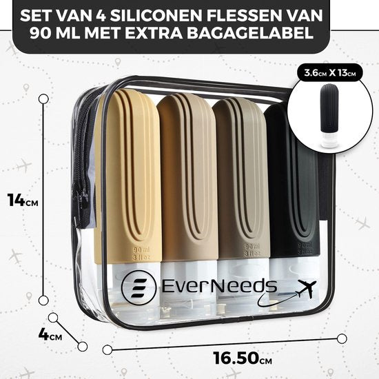 EverNeeds Reiseflaschen mit Etui - Nachfüllbar - Silikon-Reiseflaschen Handgepäck - Aprikose - 4 Stück