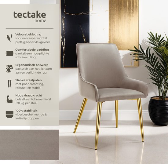tectake® Esszimmerstuhl Avane - Samtoptik - Ergonomischer Polsterstuhl mit goldenen Stahlbeinen - Belastbarkeit 120 kg - Moderner Esszimmer- und Küchenstuhl - 2er Set - Taupe