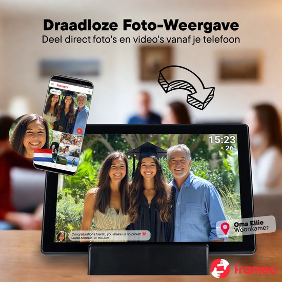 Denver Digitaler Fotorahmen 10,1 Zoll - Drahtlos - Inkl. Ladestation - HD - Frameo App - Fotorahmen - WiFi - IPS-Touchscreen - 16GB - PFF1070B