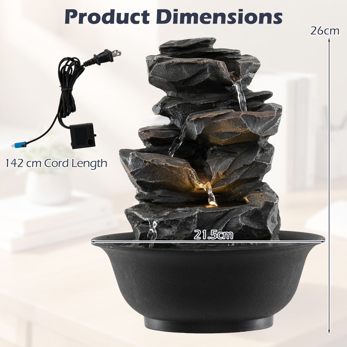 Coast Tischwasserfontäne – Wasserfall im Fels-Look – LED-Beleuchtung – schwarz – 21,5 x 26 cm
