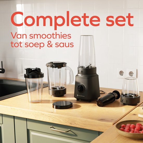 KitchenBrothers Blender - Komplettset - 2x 750ml Krug - Mahlwerk - Sieb - To-Go Becher - Schwarz