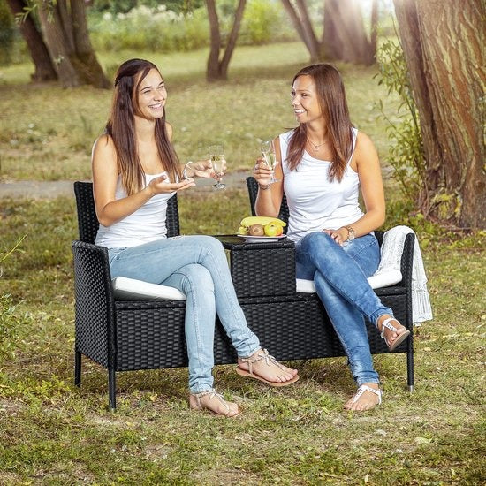 tectake - Geflecht-Gartenbank mit Tisch, 2-Sitzer-Bank, 131 x 61 x 82 cm, Gartenbank für Balkon und Terrasse, Gartenbank inklusive Sitzkissen - natur/dunkelgrau - Poly-Rattan