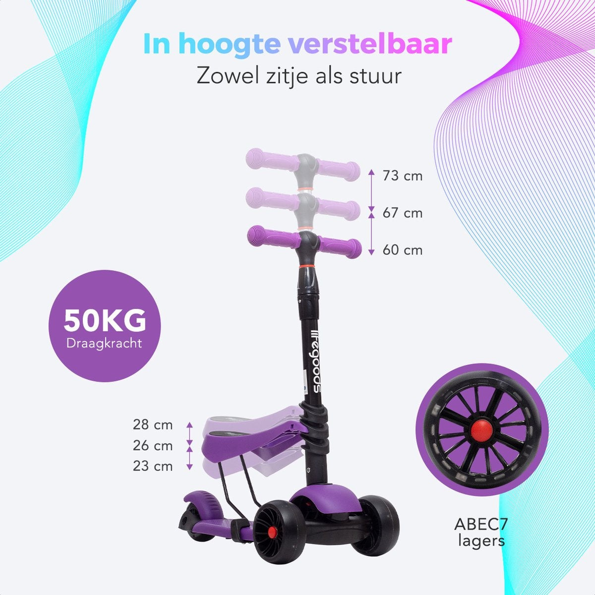 LifeGoods MultiRider Kinder-Roller - Stufe 3-8 Jahre - Verstellbarer Sitz - Leuchtende Räder - Jungen/Mädchen - Lila