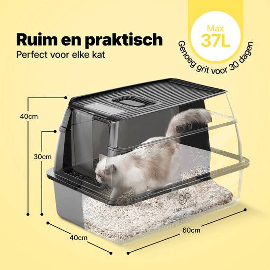 Jake und Jacky Edelstahl-Katzenklo – Katzen-Toilette aus Edelstahl – inkl. Katzenschaufel mit Halter und Streuauffang-Trittstufe – 2-in-1-Katzenklo mit abnehmbarem Deckel – 60 x 40 x 38 cm – Schwarz