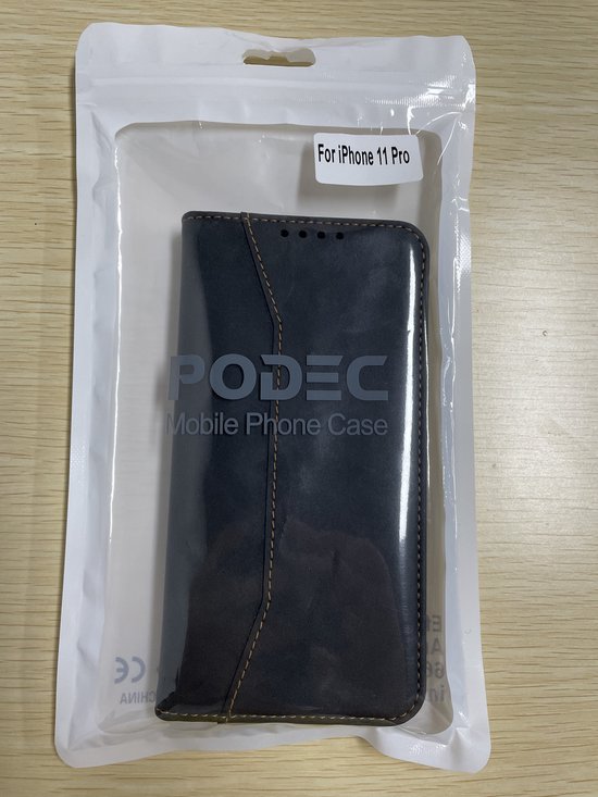 Podec-Hülle mit Kartenfach, passend für das iPhone 11 Pro, schwarze Handyhülle – stoßfeste Bookcase-Hülle mit 1x Displayschutzfolie – Wallet-Hülle