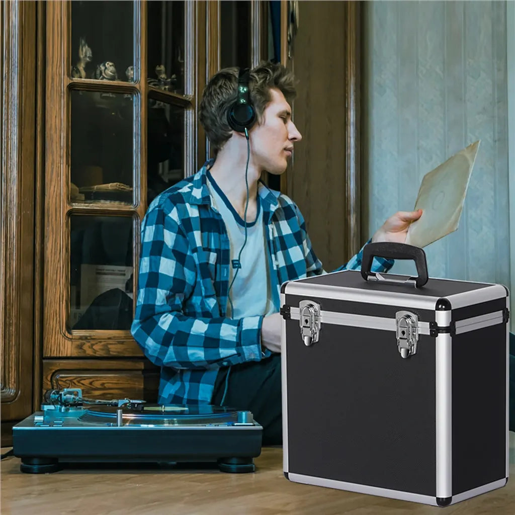 Yaheetech LP-Koffer für 50 Schallplatten – Schwarz – Abschließbarer Schallplattenkoffer mit Tragegriff