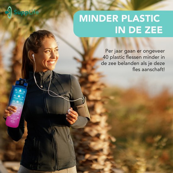 Supplife Motivations-Trinkflasche – 1-Liter-Trinkflasche – Trinkflasche mit Zeitmarkierung – Mit Strohhalm – Erwachsene – Kinder – Blau-Rosa